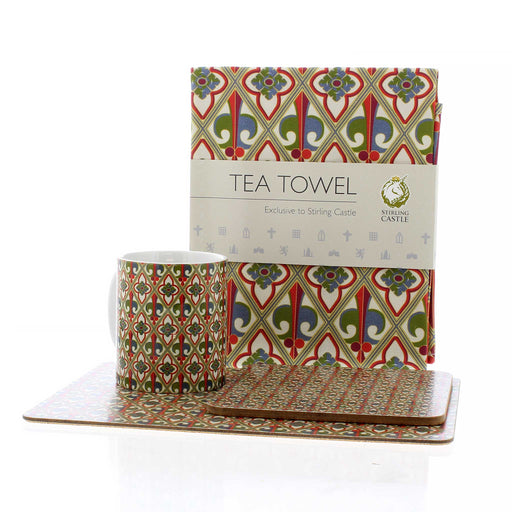 The full Stirling Castle Fleur De Lys print kitchen range features a tea towel, mug, pot holder and placemat. 