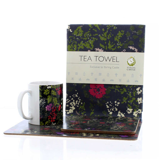 The Full Tapestry Print Stirling Castle Kitchen range includes a tea towel, mug, pot holder and placemat. 