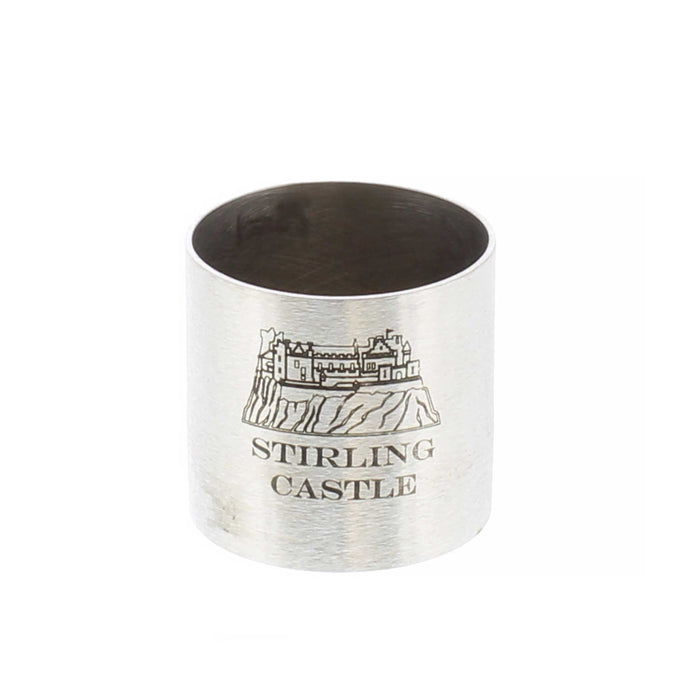 Small silver coloured metal whisky measure with an image of Stirling Castle etched on the front. The words below the image read 'Stirling Castle'. 