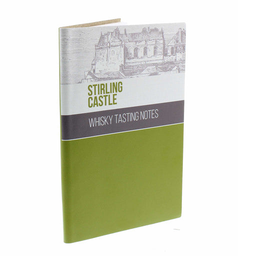 Stirling Castle Whisky Notebook with leather cover. The top half of the cover features a sketch of the castle. A grey stripe below reads 'Whisky Tasting Notes' and the bottom half of the notebook is green. 