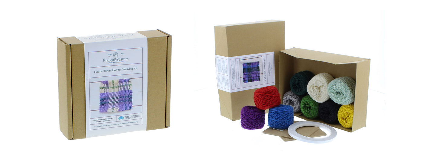 two cardboard boxes containing balls of wool and instructions on how to weave tartan coasters. 