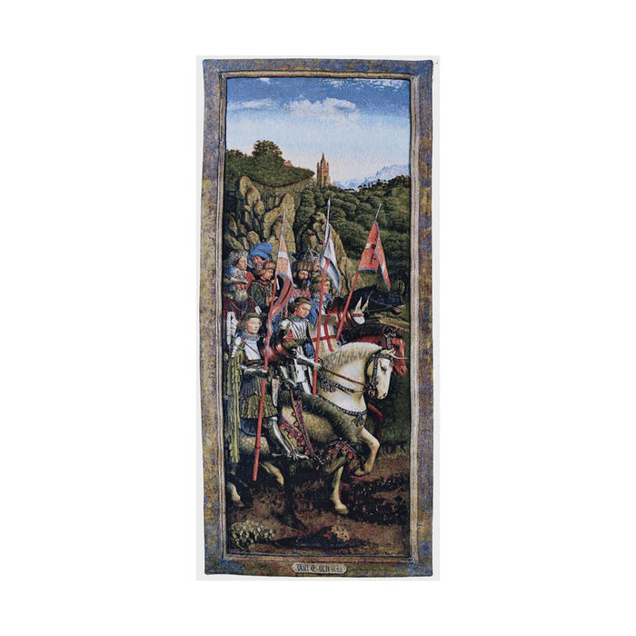 Tapestry featuring knights on horseback carrying flags and armour through the countryside. 