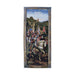 Tapestry featuring knights on horseback carrying flags and armour through the countryside. 