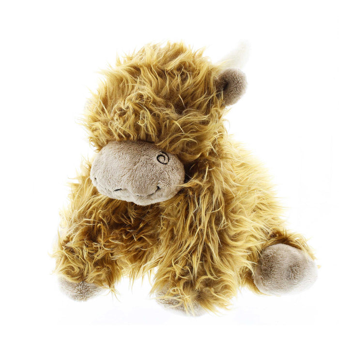 Shaggy Highland Cow soft toy that can lay flat like a pillow. 
