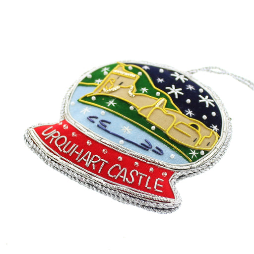 Plush hand made decoration in the shape of a snowglobe depicts Urquhart Castle on the banks of Loch Ness