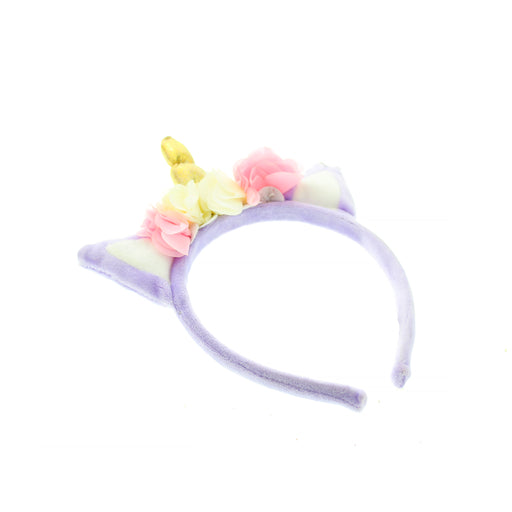 Purple plush headband featuring unicorn ears, gold horn and flowers. 