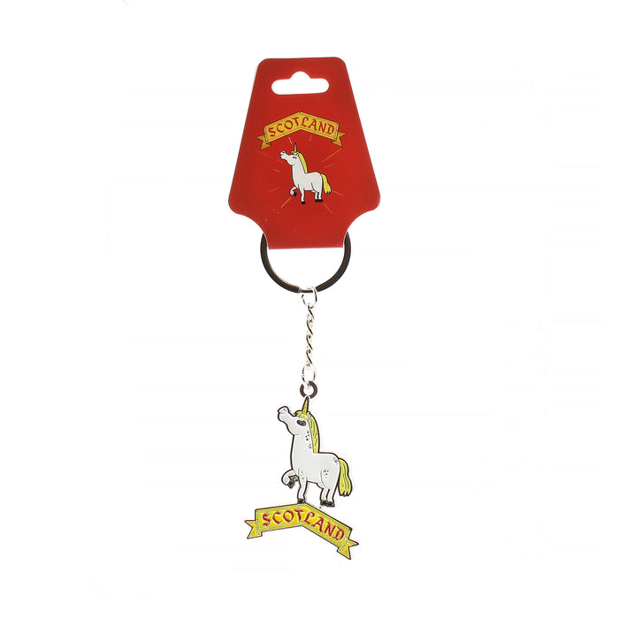 metal enamel keyring featuring a white unicorn