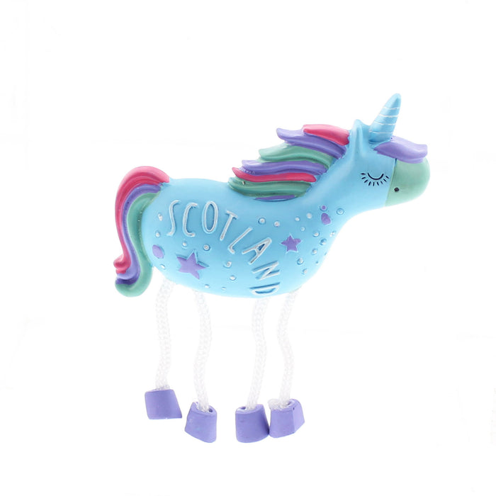 Blue Unicorn magnet with stringy legs and a rainbow coloured mane. 