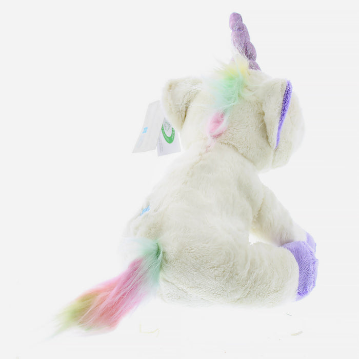 Plush Unicorn soft toy featuring sparkly eyes and horn with rainbow hair and purple hoofs, back view showing rainbow tail and mane. 