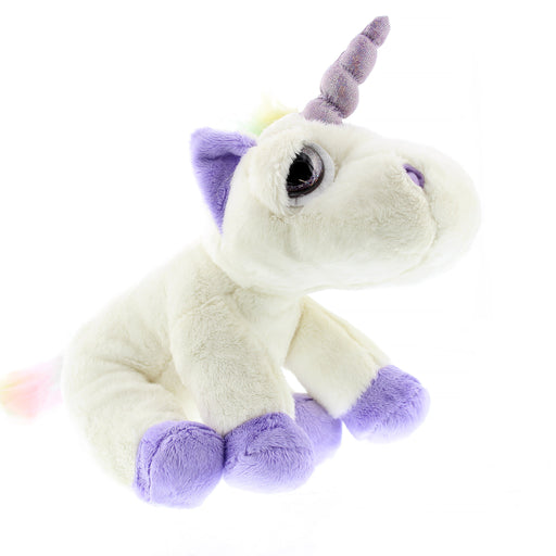 Soft plush Unicorn toy with purple horn, sparkly eyes and rainbow tail.