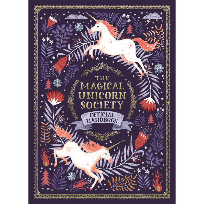 Front cover of The Magical Unicorn Society Handbook features dancing unicorns over a purple background with ferns and a nightscene. The Book Title is centred in gold print. 