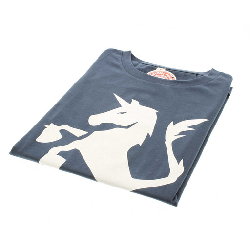 Navy T-shirt with a print of a white unicorn is folded against a white background. 
