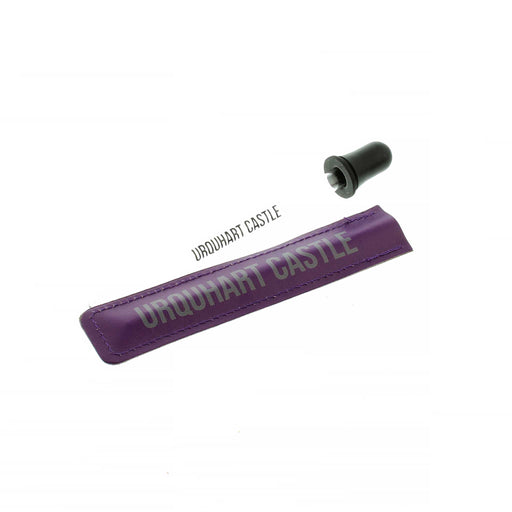 The Urquhart Castle Pipette is a glass clear dropper with the words 'Urquhart Castle' printed in bold black. The purple cover is made from recycled leather and also features 'Urquhart Castle' printed in bold across the front. 