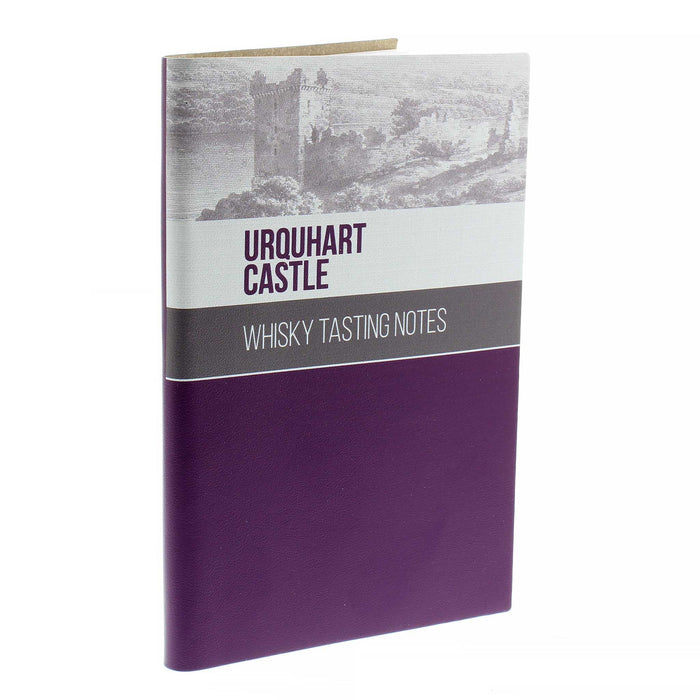 The Urquhart Castle Whisky Tasting Notes pad features a sketch of the Castle at the top with the words 'Urquhart Castle' printed underneath. A grey stripe notes 'Whisky Tasting Notes' with the bottom half of the notebook in full purple. 