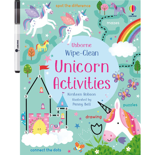 Front cover of the Wipe Clean Unicorn Activity Book features rainbows, unicorns and castles. 