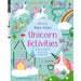 Front cover of the Wipe Clean Unicorn Activity Book features rainbows, unicorns and castles. 