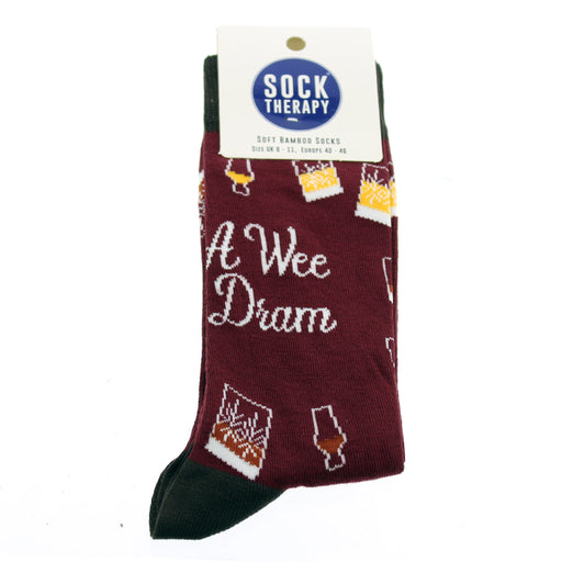 Burgundy socks featuring 'A Wee Dram' text and whisky glasses.