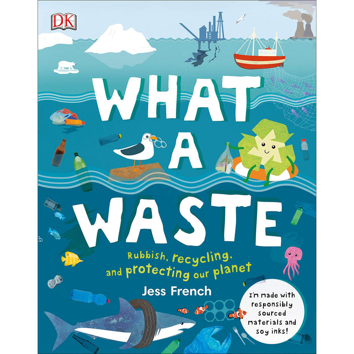 The Front Cover of 'What a Mess' features a below the sea view of rubbish floating around sea creatures and the title text is white. 