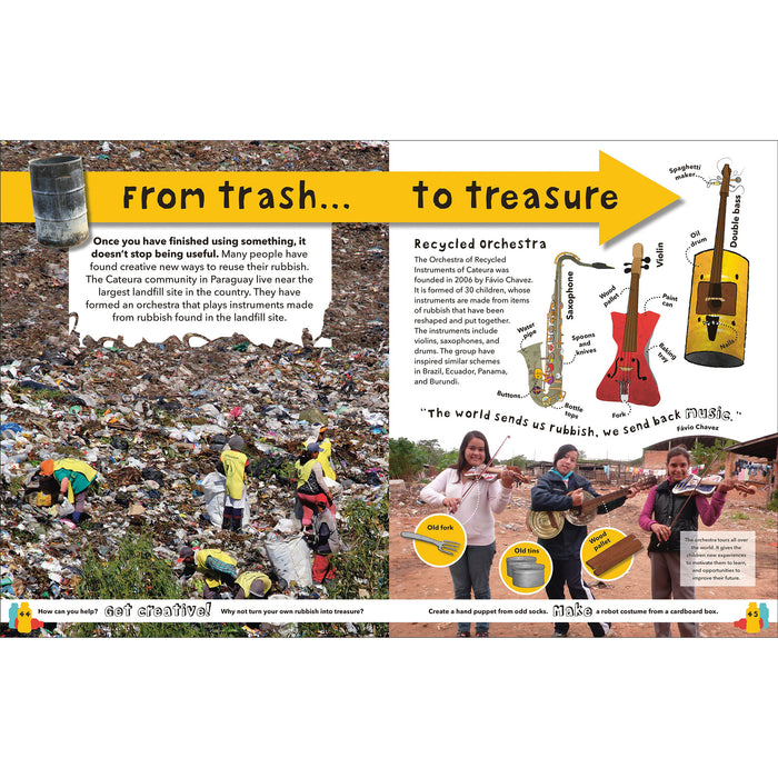 A double page from the book shows photographs of trash build up and a story about a recycled orchestra. 