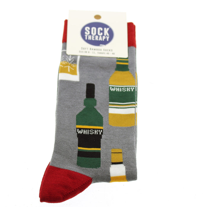 Grey socks with a red trim feature a print of Whisky bottles. 