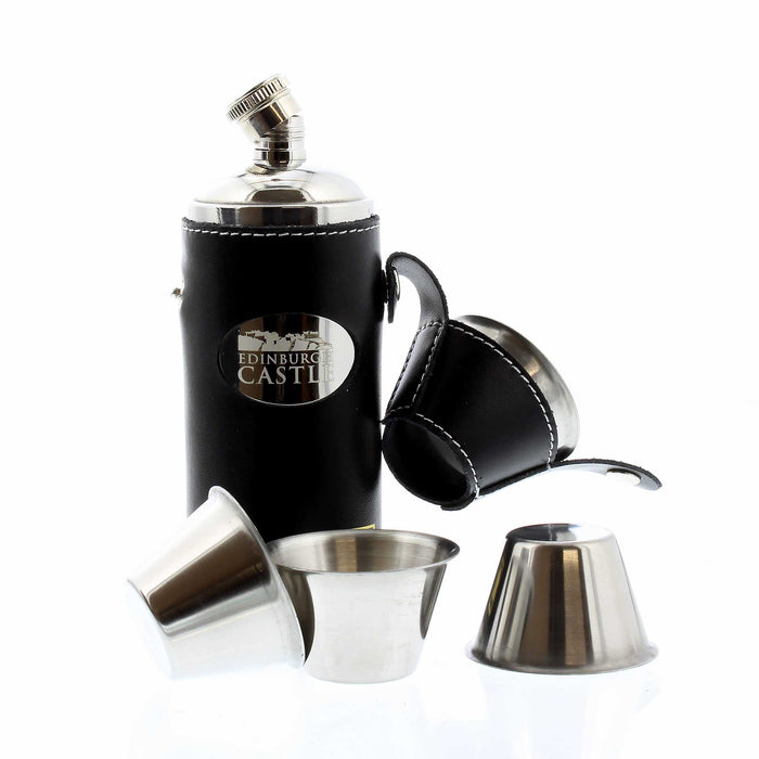 Edinburgh Castle Stainless steel hunting flask with four stainless steel sharing cups