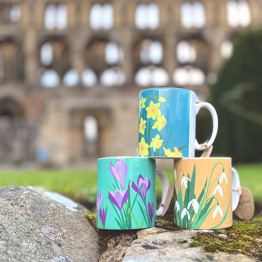 A trio of hand drawn printed mugs featuring spiring flowers, A blue mug with daffodils, a mint mug with crocuses and a pale peach mug with white snowdrops. The mugs are placed on a wall in front of a large old castle. 