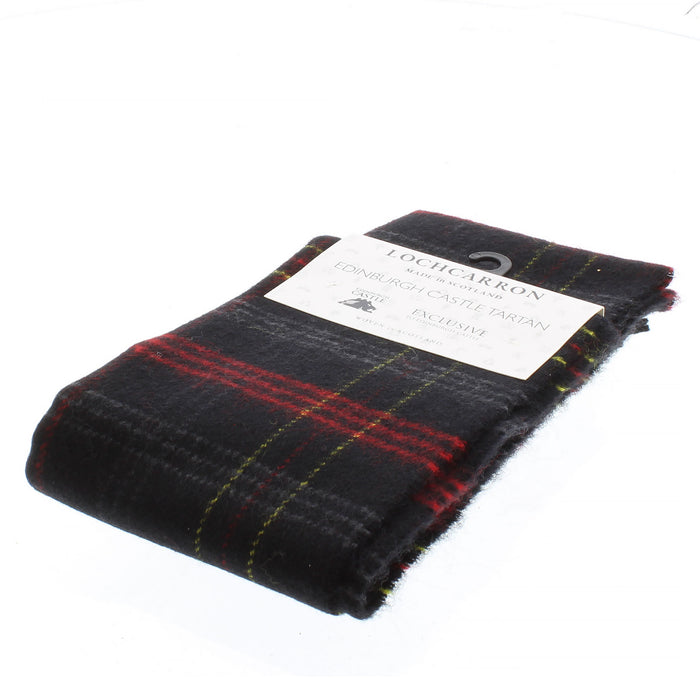 The official Edinburgh Castle tartan weaved into a soft lambswool scarf. The tartan has a black base with red, grey and fine mustard coloured stripes. 