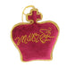Back of Red Velvet Decoration in the shape of a crown. Featuring hand sewn beading, embroidery and gold trims