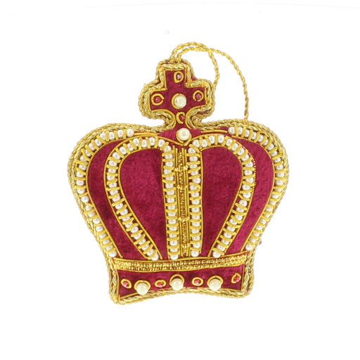 Red Velvet Decoration in the shape of a crown. Featuring hand sewn beading, embroidery and gold trims