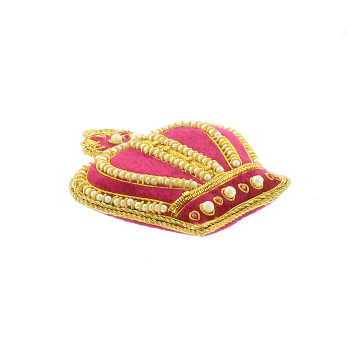 Red Velvet Decoration in the shape of a crown. Featuring hand sewn beading, embroidery and gold trims lying flat to show soft exterior and depth