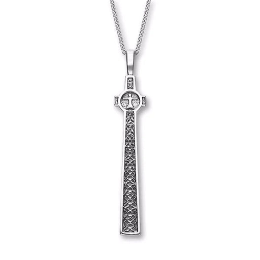 Silver Cross Pendant depicting the Macleans Cross in Iona, hanging on a silver chain. The cross has a celtic design and a small central circle at the cross. 