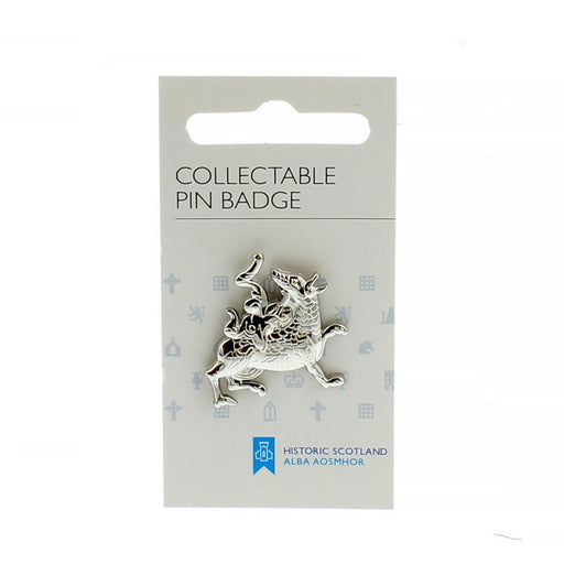 Silver Maeshowe Dragon pin badge attached to a white display card that reads 'Collectable Pin Badge' across the top. Below the dragon is the Historic Scotland logo and the Gaelic translation of Historic Scotland. 