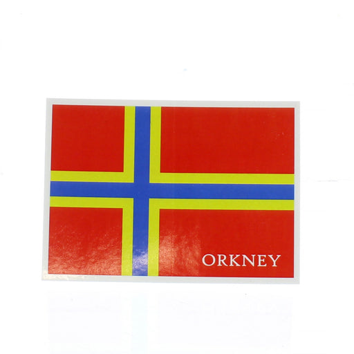 oblong sticker of the Orkney Flag which features a red base with a left of centre cross in yellow and blue. The bottom right hand corner has the text 'ORKNEY'. 