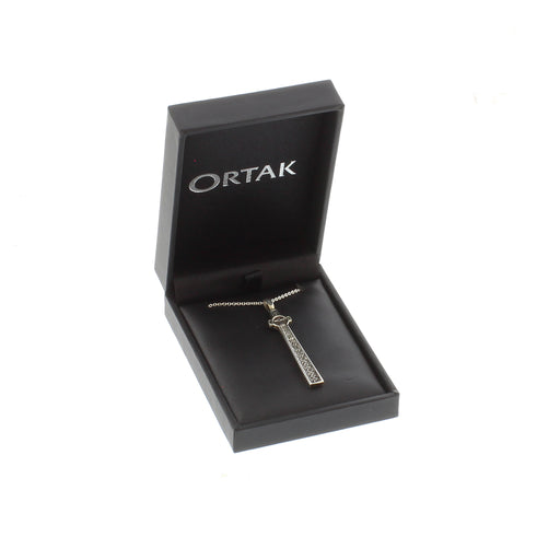 Silver Cross Pendant in the shape of The Maclean Cross in Iona. The pendant is on a silver necklace and presented in a black Ortak box