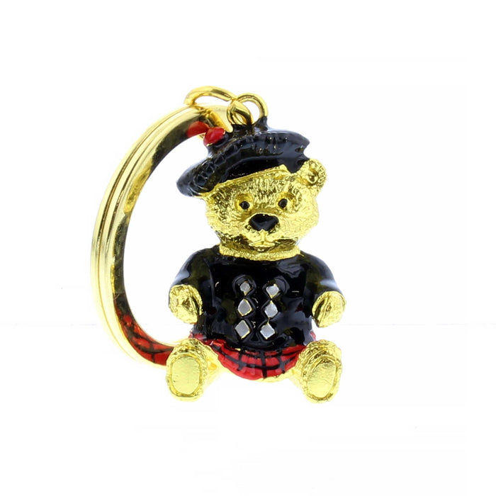 Miniature Gold Piper Bear with highland dress and gold coloured hardware keyring. 