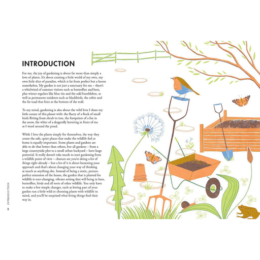 An insert of the Planting for Wildlife book with an image of garden utensils and an introduction to the book.