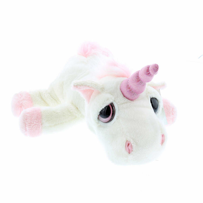Cuddly soft toy in the shape of  a unicorn. The white plush unicorn features a pink sparkly horn with pink tufts of fur for it's mane and tail.