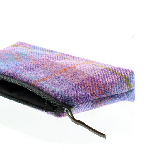 Harris Tweed cosmetic bag in a calming purple and lilac tartan print. 
