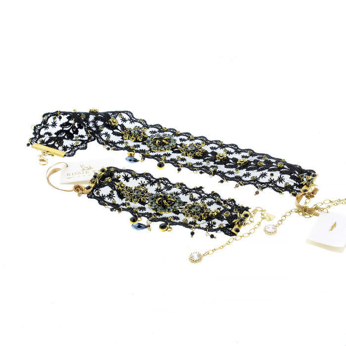 Black Lace cuff with gold and black beading with matching neck choker. 