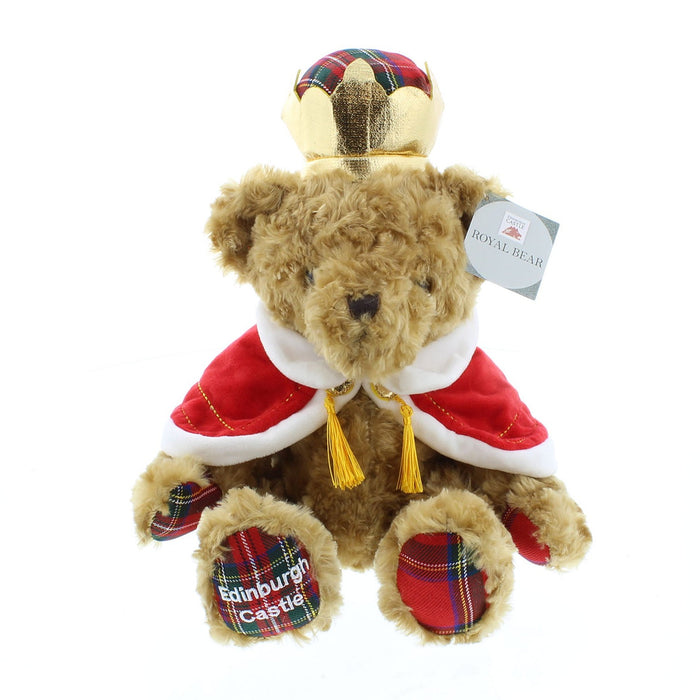 Royal Bear Soft toy with tartan paws, a gold and tartan crown and red cloak 