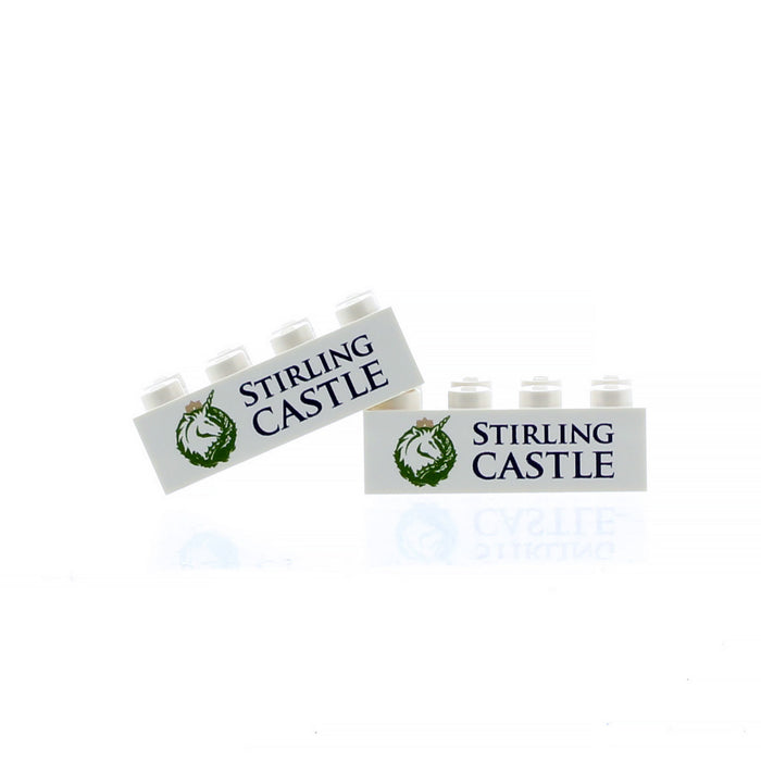 Two Small white 8-bit brick that can be used with Lego featuring the Stirling Castle Unicorn logo and the text reads Stirling Castle