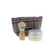 The Juniper and Lime Shaving Set contents with a green and pink tartan coloured pouch 
