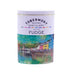 Oval shaped tin containing Scottish Fudge features a  painting of the brightly coloured houses at the harbor of Tobermory