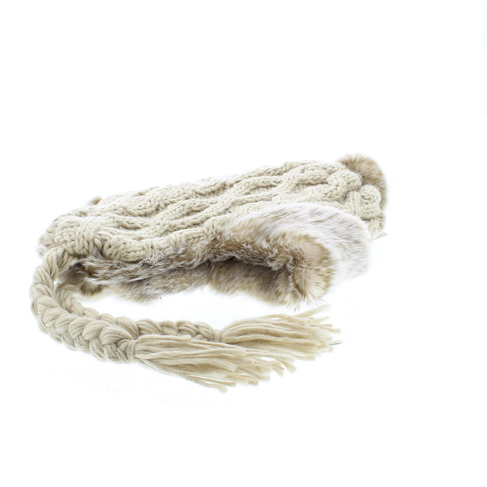 Trapper Hat Arran Cream with natural faux fur trim to inside and bobble with plaited long ties from ear flaps