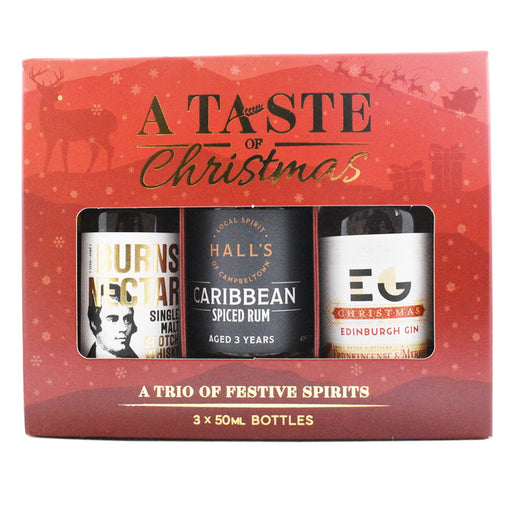 A Taste of Christmas Alcoholic Gift pack box containing a Burns Nectar, Spiced Rum and Edinburgh Gin 