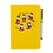 A beautiful designed yellow notebook featuring a vibrant illustration of dancing piper bears in red and black, playing bagpipes joyfully. A yellow strap closes over the right hand side with a matching pen.