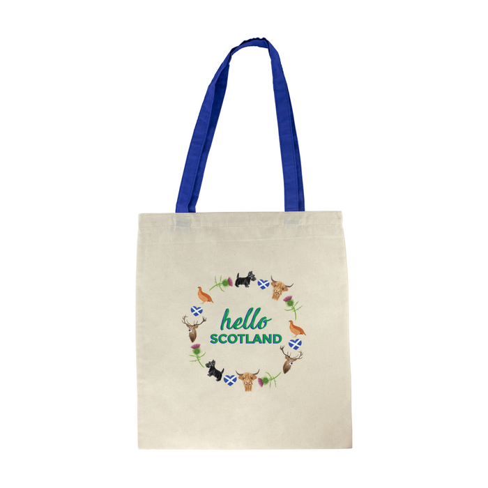 Cotton tote with blue straps features a circular design of Scottish animals and emblems. 