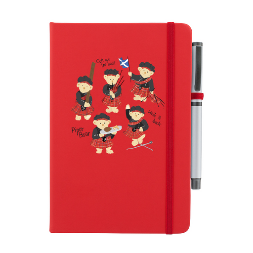 Red notepad with pen featuring dancing Piper Bear teddy's.