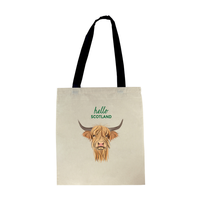 tote with black straps and highland cow motif