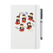 A beautiful designed white notebook featuring a vibrant illustration of dancing piper bears in red and black, playing bagpipes joyfully. A white strap closes over the right hand side with a matching pen.